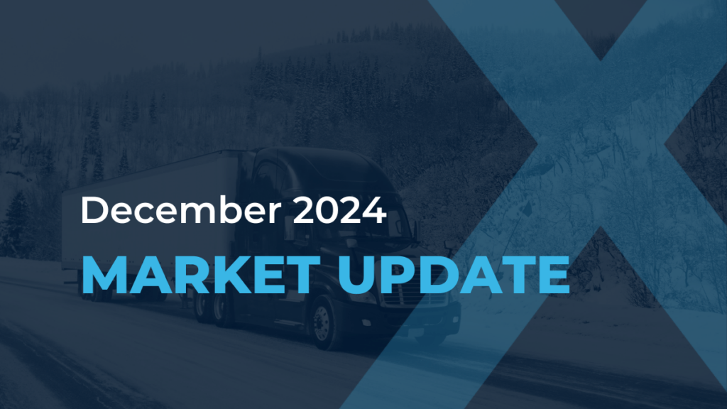 A semi-truck on a snowy road with the text December 2024 MARKET UPDATE overlaid, highlighting the latest freight market updates.