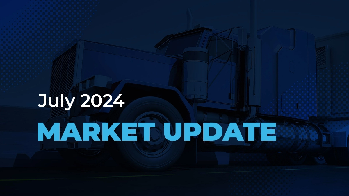 A stylized blue-toned image of a semi-truck with the text July 2024 Market Update overlaid in bold white and blue letters.
