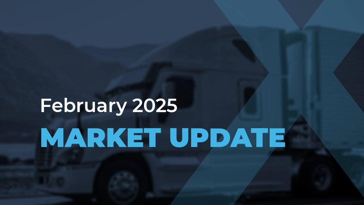 A semi-truck is shown in the background with mountains behind. Overlay text reads February 2025 MARKET UPDATE in white and blue.