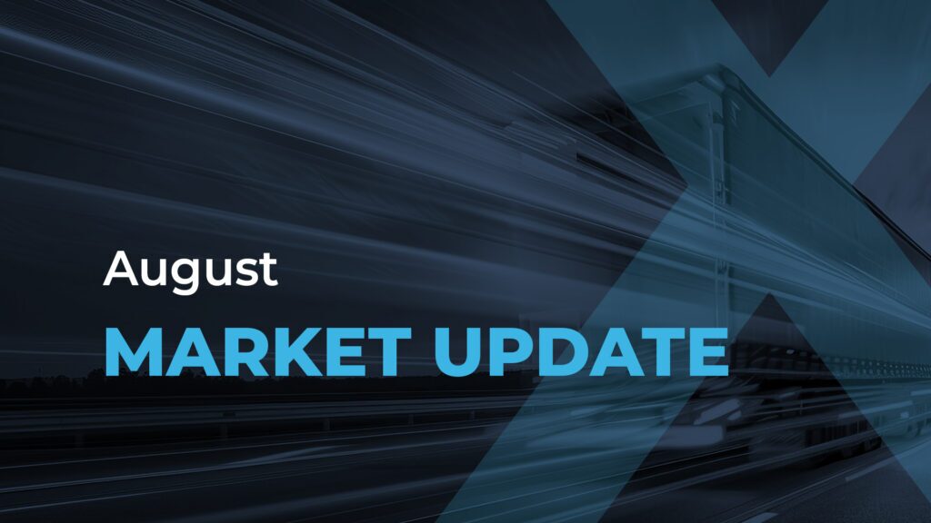Dark graphic with blurred motion lines, August MARKET UPDATE text in white and blue, and a large transparent X over a faint image of a moving truck.