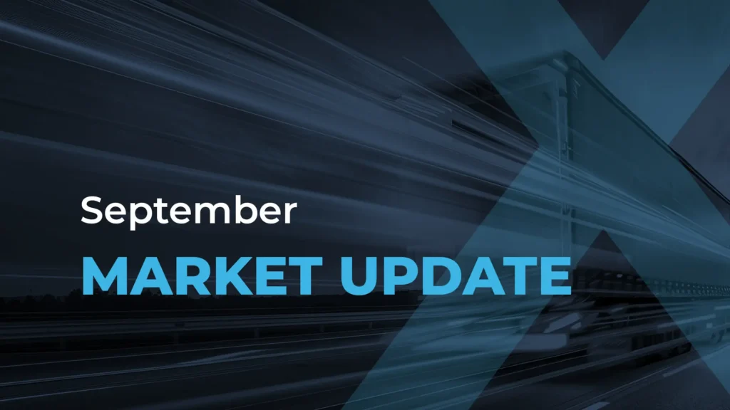 Text reads September MARKET UPDATE over a dark, abstract background with diagonal lines and a faint image of a truck on the right side, suggesting a business or financial theme.