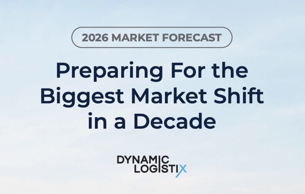 A graphic with the text 2026 Freight Market Forecast: Preparing For the Biggest Market Shift in a Decade above the Dynamic Logistix logo on a sky-blue background.