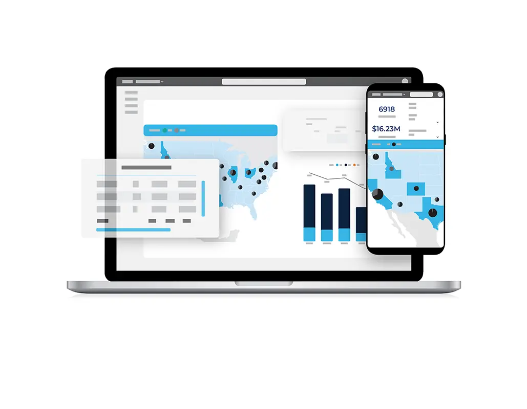Laptop and smartphone displaying data dashboards with U.S. maps, charts, graphs, and financial figures, representing managed transportation analytics or business intelligence tools.