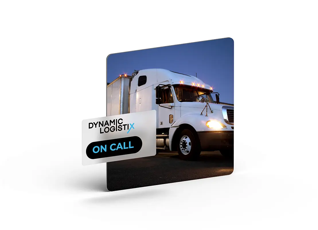 A white semi-truck parked at dusk with a graphic overlay reading Dynamic Logistix ON CALL, highlighting managed transportation, in bold letters on a white and blue background.