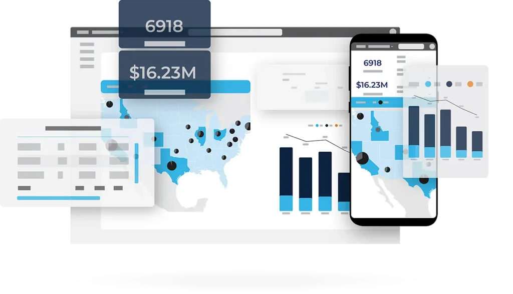 Digital dashboard with U.S. map, data charts, bar graphs, and stats like 6918 and $16.23M, shown on desktop and smartphone, highlights financial, geographic analytics, and shipping technology insights.