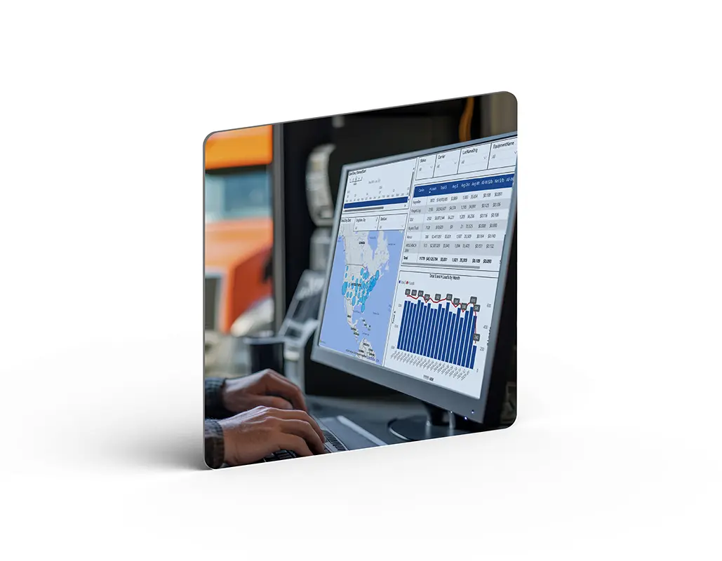 A person types on a keyboard in front of a computer monitor displaying maps, charts, and data related to shipping technology, with part of an orange vehicle visible in the background.