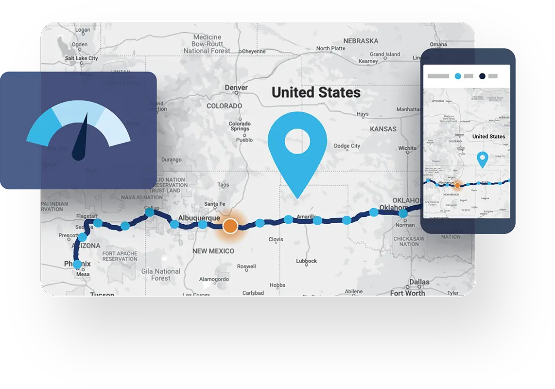 A digital map of the United States shows a travel route from California to Texas, featuring location markers, a speedometer icon, and a smartphone displaying the same map—highlighting advanced shipping technology.