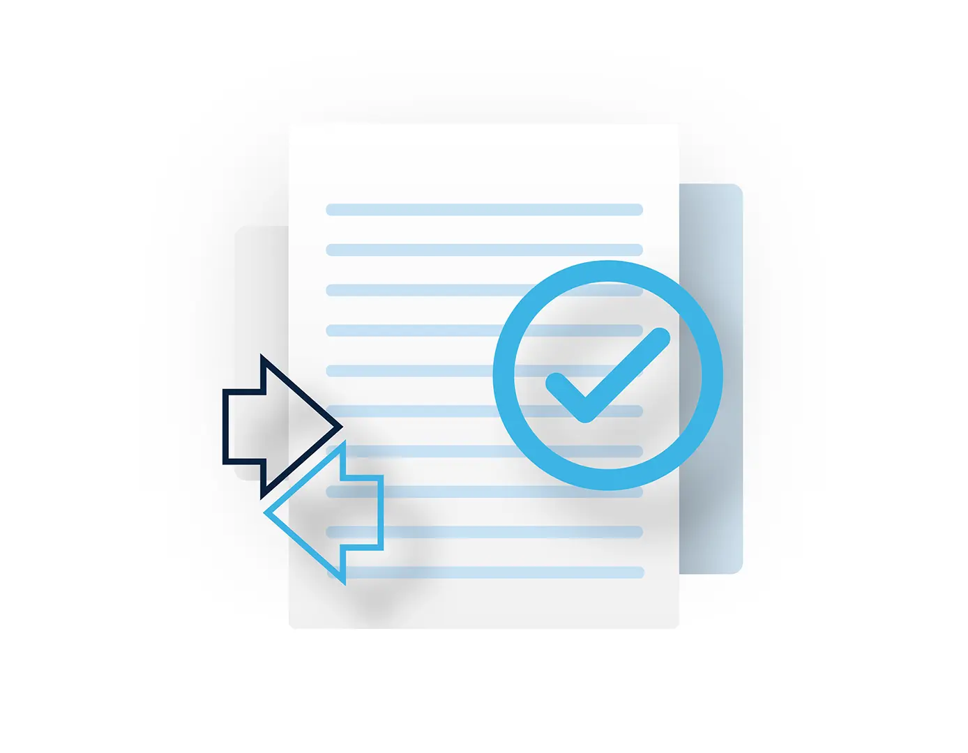 A document with blue lines, a large blue checkmark, and two overlapping arrows pointing right and left, symbolizing managed transportation approval and data transfer.