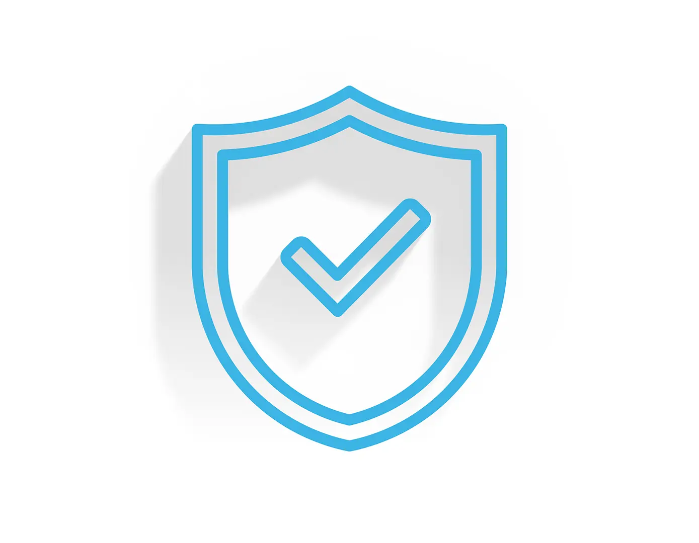 A blue outline of a shield with a checkmark inside, symbolizing managed transportation security or protection, on a white background with a faint shadow.