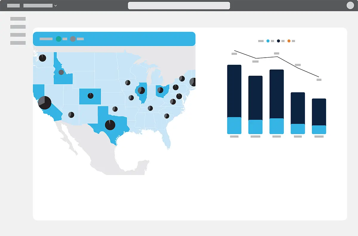 A dashboard displays a U.S. map with black dots on various states, highlighting managed transportation hubs, a bar chart with four blue bars, and a line graph showing a downward trend. The map highlights several states in blue.