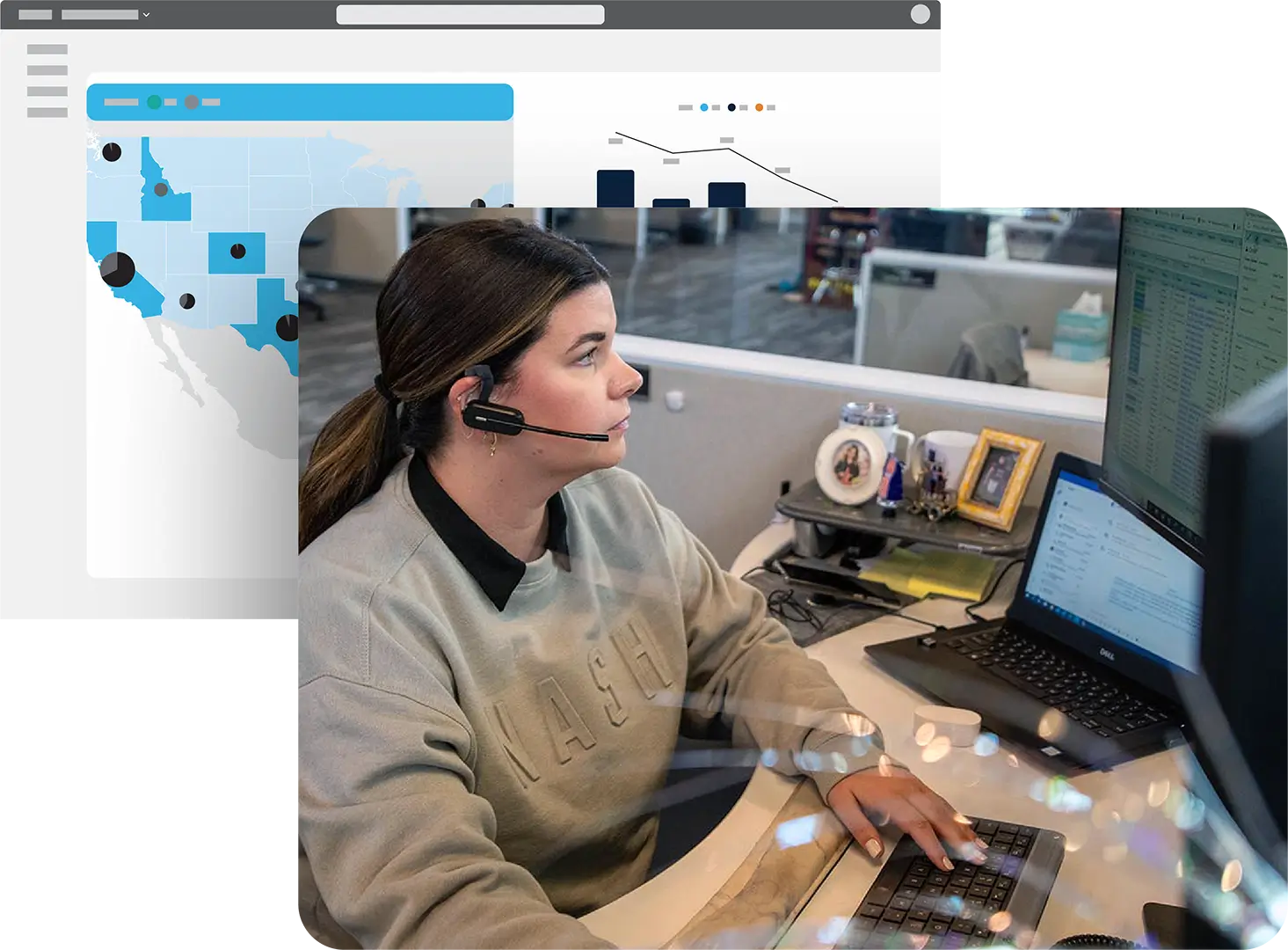 A woman wearing a headset works at a computer in an office cubicle, with charts and a map overlaid in the background, highlighting the impact of logistics technology.