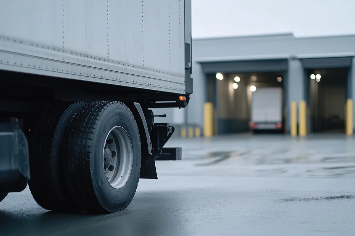 Close-up of a truck’s rear wheels on wet pavement near a loading dock, highlighting the importance of load planning, with another truck parked by warehouse doors under cloudy skies.