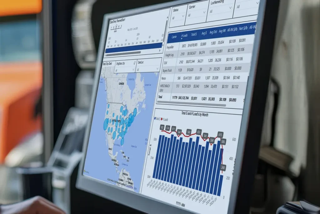 A computer monitor displays charts, graphs, and a map of the United States with data points, possibly showing business or logistics analytics powered by TMS integration.