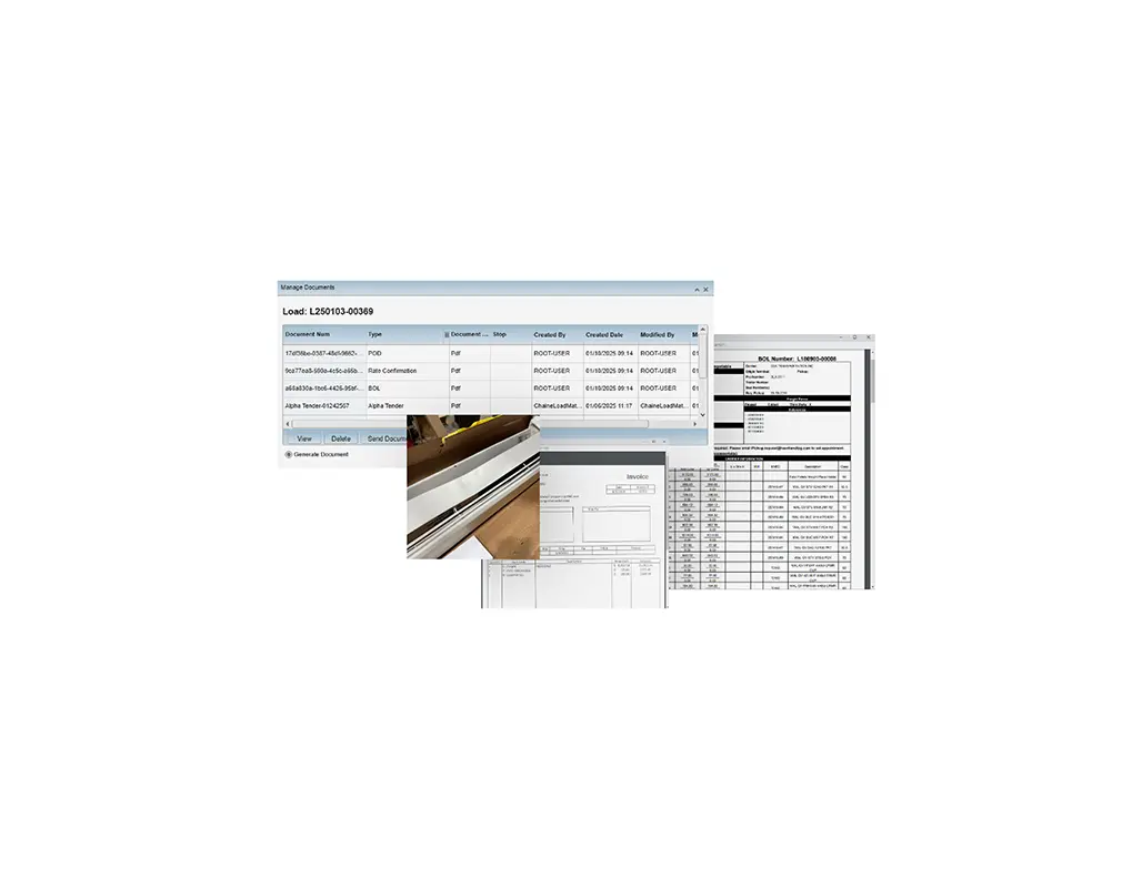 A screenshot of a logistics technology software interface with tables, a close-up photo of metallic bars, and overlapping printed documents containing rows and columns of data.