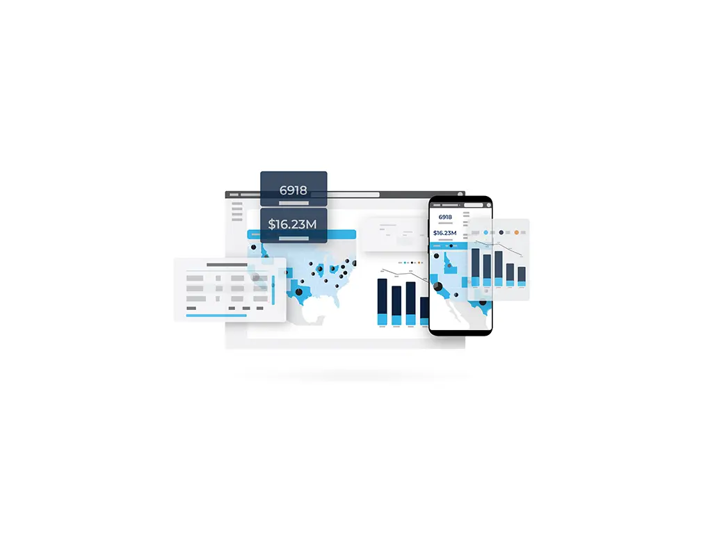 Digital illustration showing analytics dashboards with graphs, charts, a map, and financial data—highlighting logistics technology on web browser and smartphone screens.