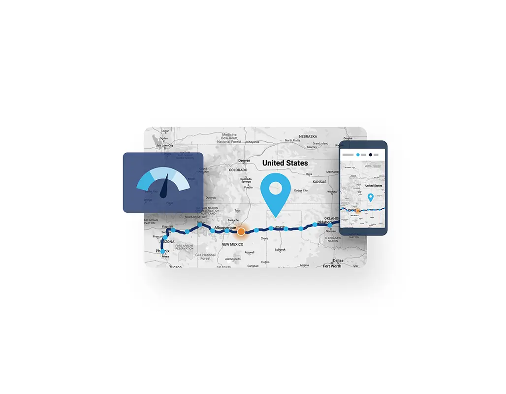 A map of the United States with a route marked, a blue location pin, a speedometer graphic, and a smartphone displaying the same map and route highlights advanced logistics technology.