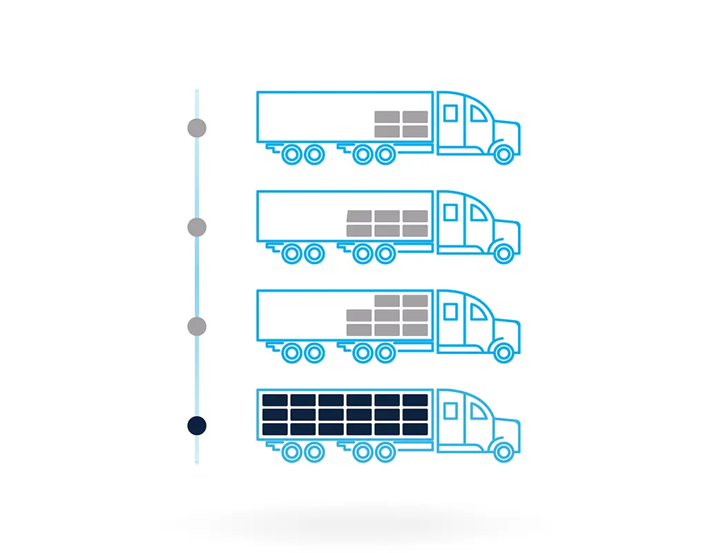 Three blue outlined trucks, each carrying an increasing number of rectangular boxes, highlight efficient logistics technology; a vertical line of four circles to the left progresses in color from light to dark.