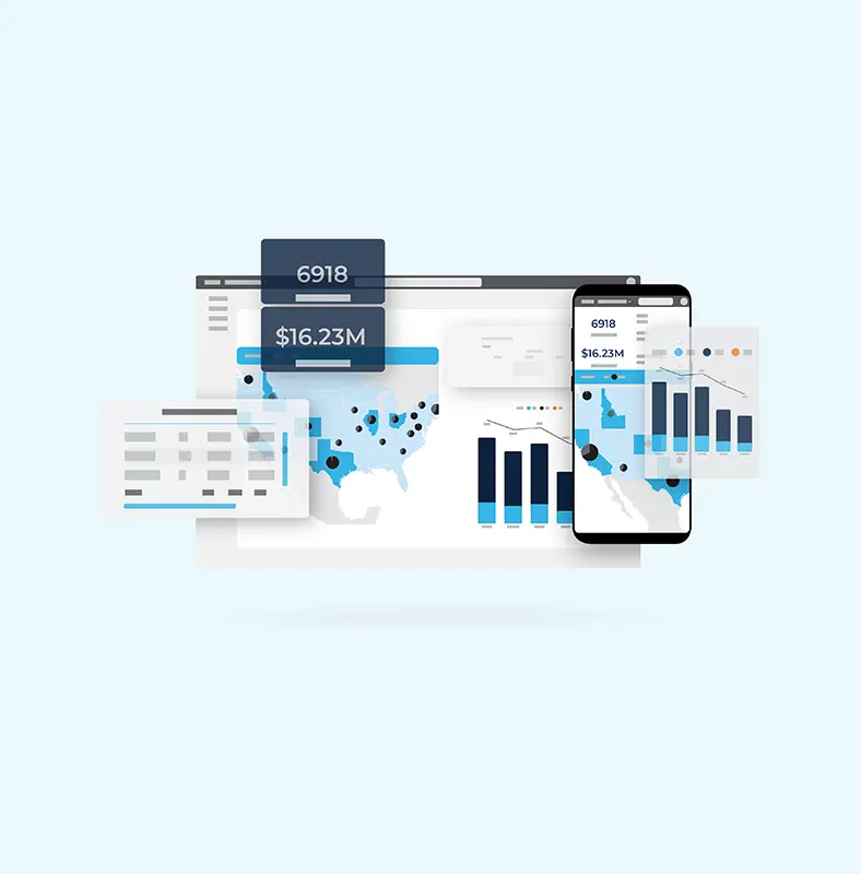 Illustration of a data analytics dashboard for managed transportation, featuring charts, graphs, a world map, and statistics on computer and smartphone screens in blue, white, and black.