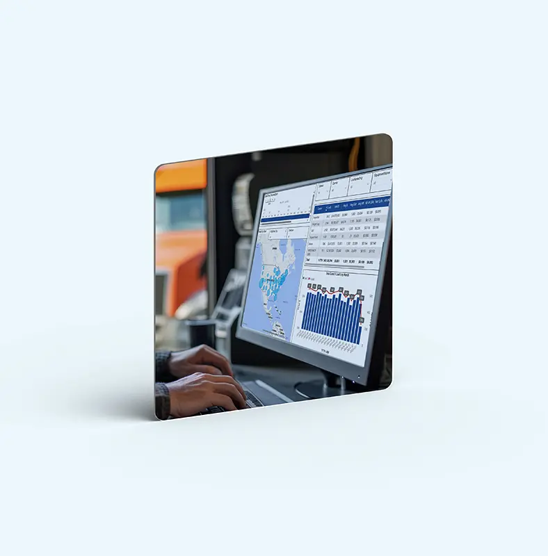A person types on a keyboard in front of a monitor displaying a map, data tables, and bar graphs, suggesting managed transportation analysis or logistics tracking.