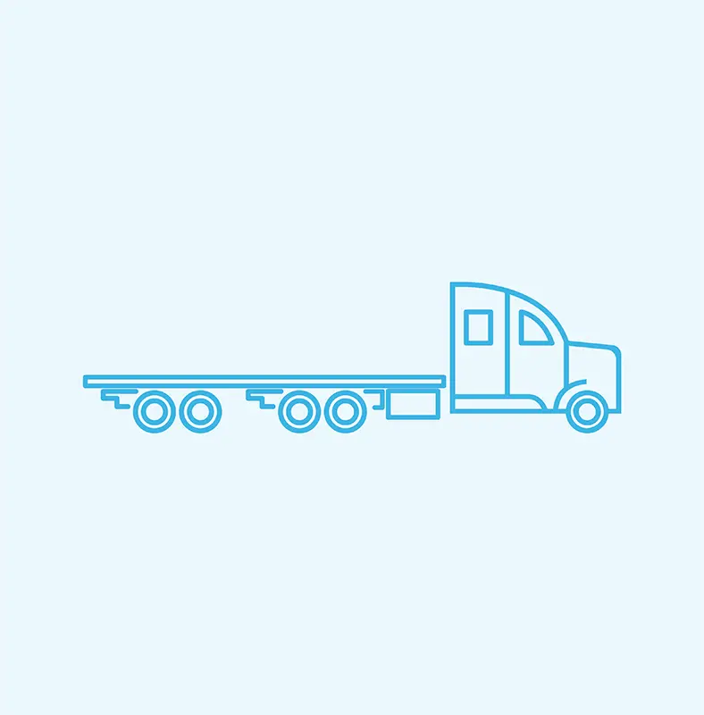 Blue outline illustration of a flatbed semi-truck with six wheels and a cab, shown from the side on a light gray background—ideal for representing refrigerated shipping needs.