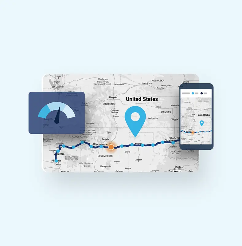 A map of the United States with a blue location pin, a speedometer graphic, a route marked in blue, and a smartphone displaying managed transportation details on a similar map.