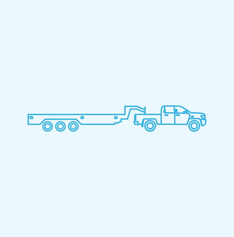 Simple blue line drawing of a pickup truck towing a three-axle flatbed trailer with a gooseneck hitch, ideal for refrigerated shipping, shown in profile on a light background.