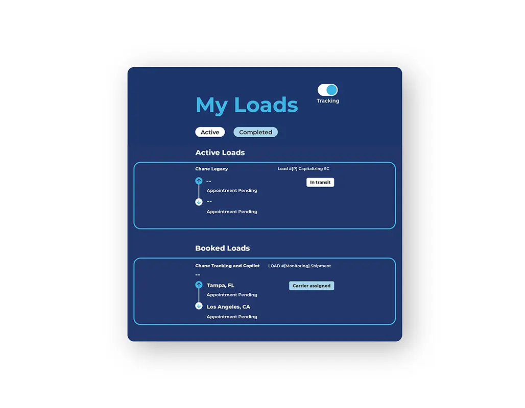 A dashboard titled My Loads displays active and booked loads with statuses like In transit, Appointment Pending, and Carrier assigned, leveraging logistics technology. A toggle switch for tracking is at the top right.