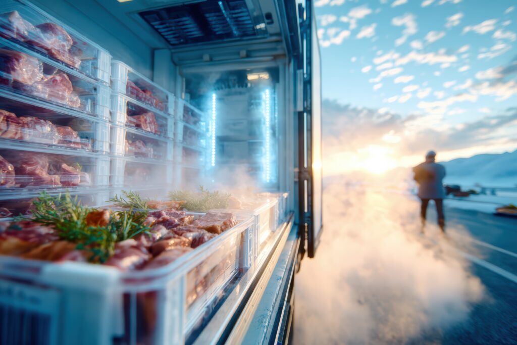 Plastic containers of fresh meat with herbs inside a refrigerated truck, illuminated with blue lights. Cold mist escapes the truck. The background shows a sunset and a person standing near the open doors.