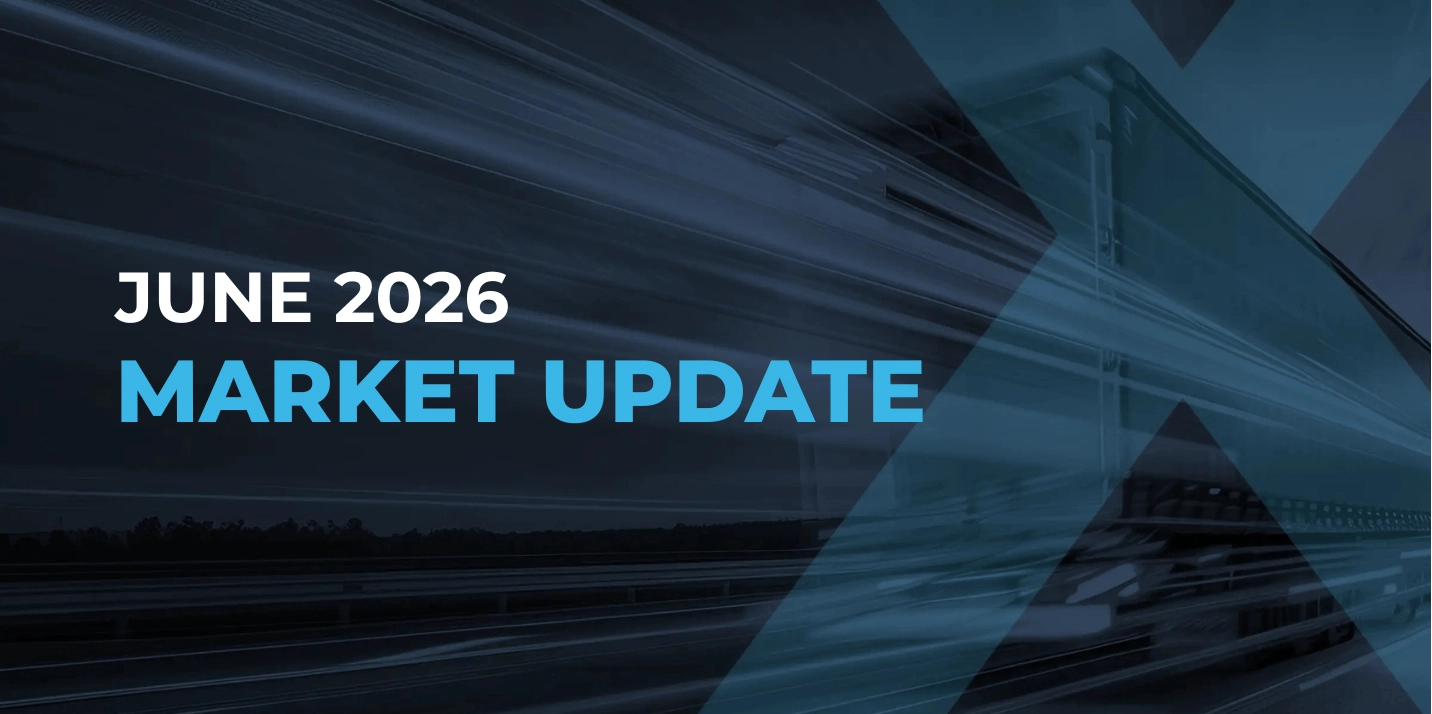 Text June 2026 Market Update over a dark, abstract background with blurred lines and a large letter X, suggesting speed and movement.