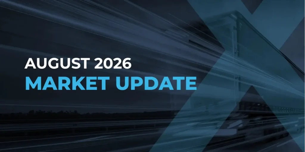 Text reads AUGUST 2026 MARKET UPDATE over a dark blue background with abstract motion lines and a large translucent X.