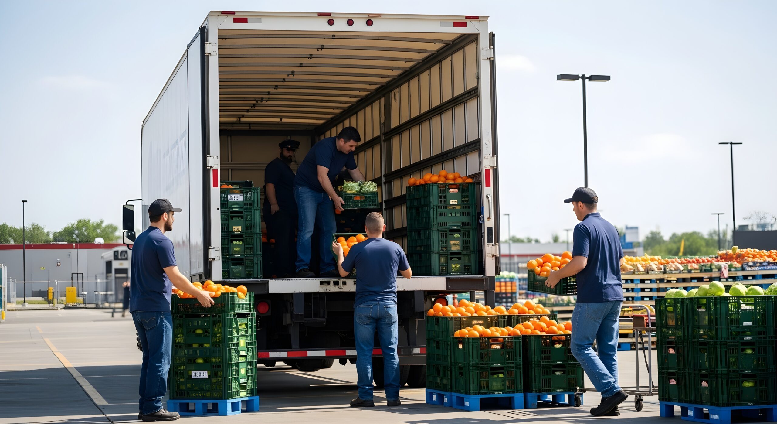Workers in blue shirts unload green crates of oranges from a large white truck parked outdoors on a sunny day. Crates are stacked on blue pallets near the truck. Industrial buildings are visible in the background.