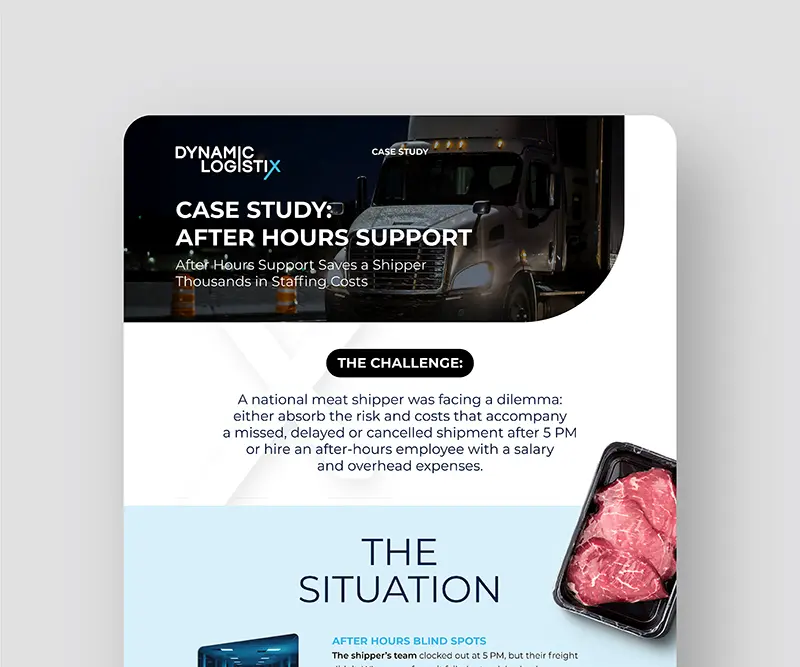 Case study infographic by Dynamic Logistix titled "CASE STUDY: AFTER HOURS SUPPORT".