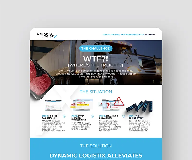 Case study infographic by Dynamic Logistix detailing a four-step supply chain delay timeline titled "WTF?! (Where's the Freight?)".