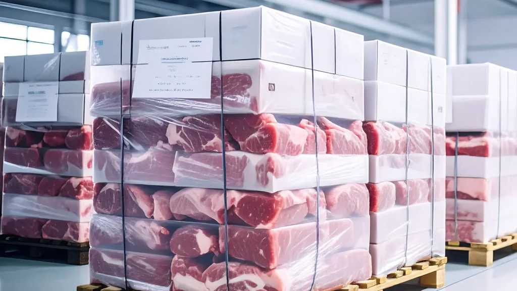 Multiple wooden pallets in a warehouse hold large stacks of raw red meat, plastic-wrapped and secured with straps.
