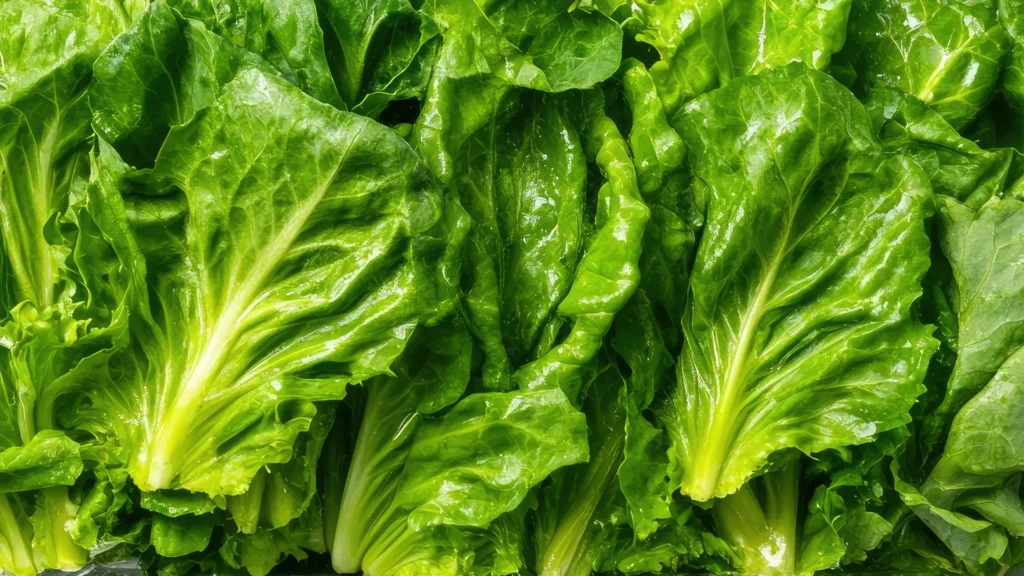 Close-up of vibrant, bright green romaine lettuce leaves. The leaves are crisp and textured with visible veins and a glossy, fresh appearance.