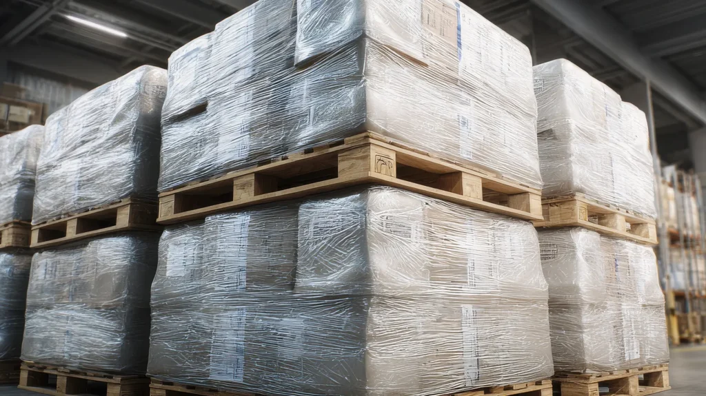 Large stacks of cargo boxes wrapped in clear plastic sit on wooden pallets inside a warehouse.