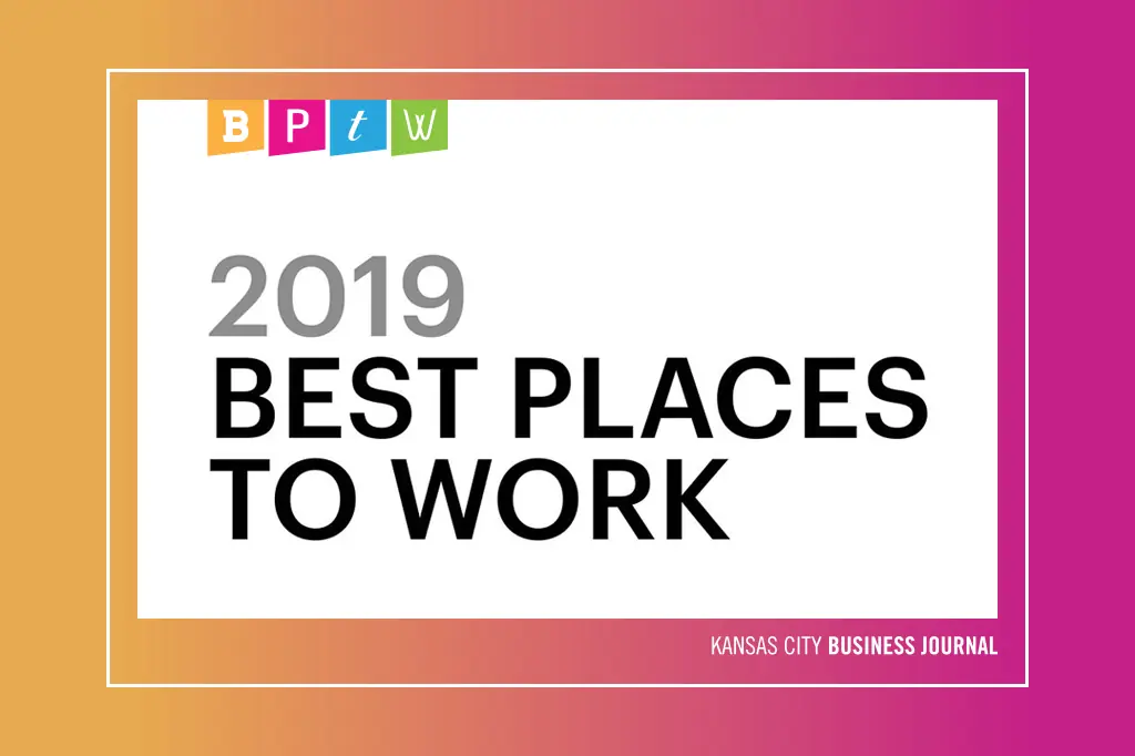 The "2019 BEST PLACES TO WORK" award graphic from the Kansas City Business Journal features a "BPTW" logo against a pink and orange gradient.