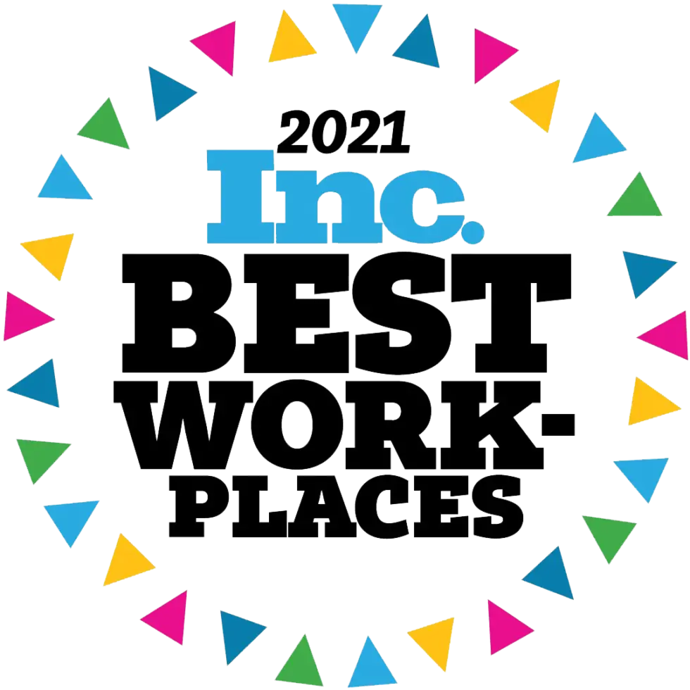 2021 Inc. Best Workplaces logo. The text is surrounded by a circular border of colorful triangles.