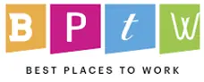 The "BPTW BEST PLACES TO WORK" logo features the letters B, P, t, and w individually set inside orange, pink, blue, and green squares.