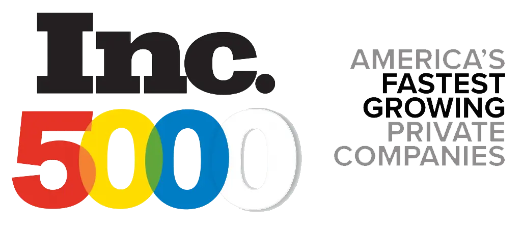 Inc. 5000 logo with text "AMERICA'S FASTEST GROWING PRIVATE COMPANIES." The "5000" features overlapping red, yellow, green, blue, and white zeros.