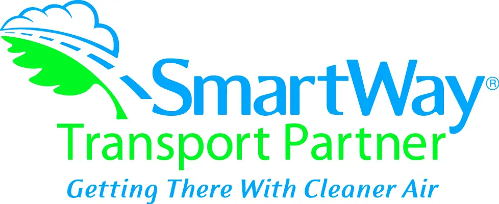 The SmartWay Transport Partner logo features a green leaf turning into a blue road and cloud. It includes the text "Getting There With Cleaner Air."