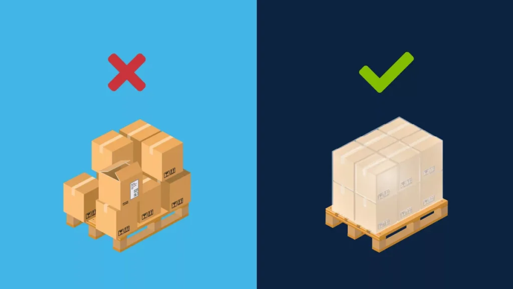 Two pallets: left shows messy stacked boxes with a red X, right shows neatly stacked boxes with a green checkmark, illustrating correct and incorrect pallet packing methods.