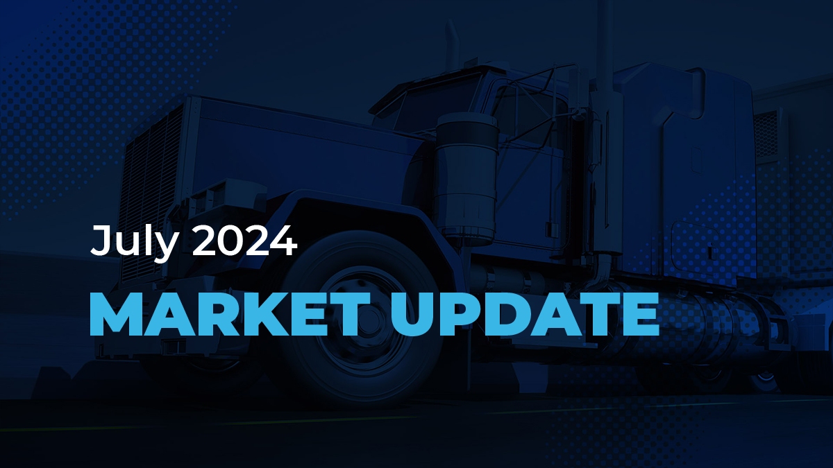 A stylized blue-toned image of a semi-truck with the text July 2024 Market Update overlaid in bold white and blue letters.
