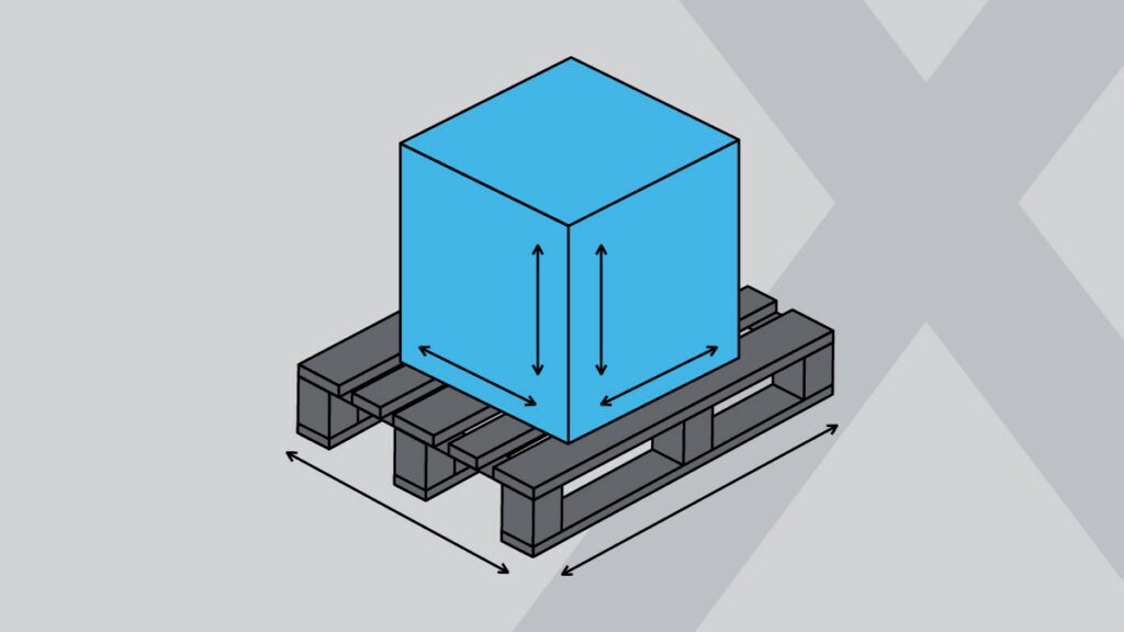 A blue cube sits on a gray pallet. Black arrows indicate the cubes height, width, and depth, as well as the pallets length. The background is light gray with a large X shape.