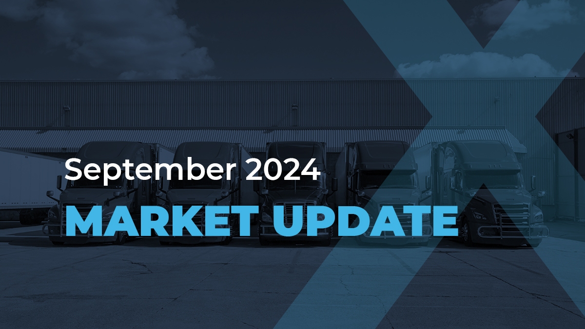 A row of trucks is parked in front of a warehouse. Overlay text reads September 2024 MARKET UPDATE in bold white and blue letters. A large translucent X crosses the images right side.