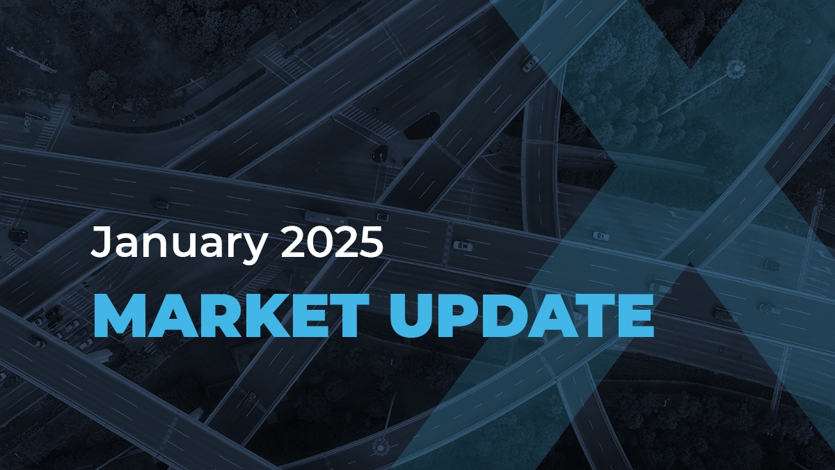 Aerial view of intersecting highways with cars. Text overlay reads January 2025 MARKET UPDATE in bold letters.