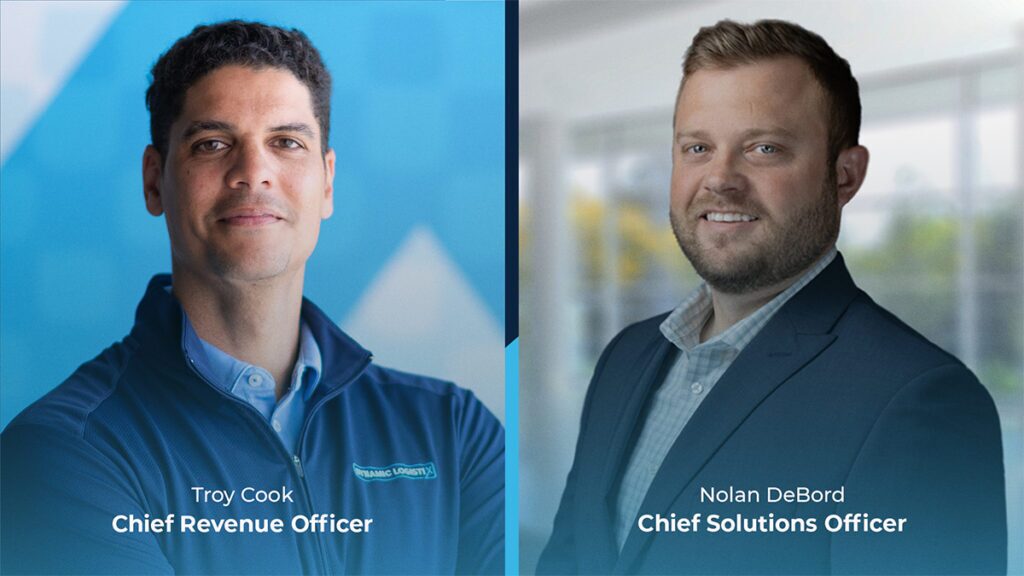 Two men in business attire stand against blurred backgrounds. The left man wears a blue jacket, the right man a suit. Each has a title beneath: Chief Revenue Officer and Chief Solutions Officer.