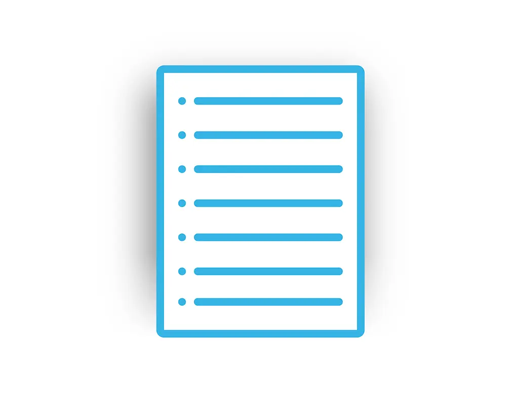 A simple blue outline of a sheet of paper with seven horizontal lines and bullet points, resembling a bulleted list, on a white background, symbolizing organized shipping technology.