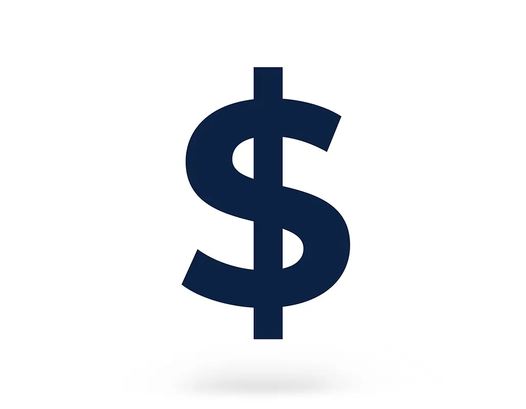 A large, bold, dark blue dollar sign symbol on a plain white background with a slight shadow underneath, representing savings through managed transportation solutions.