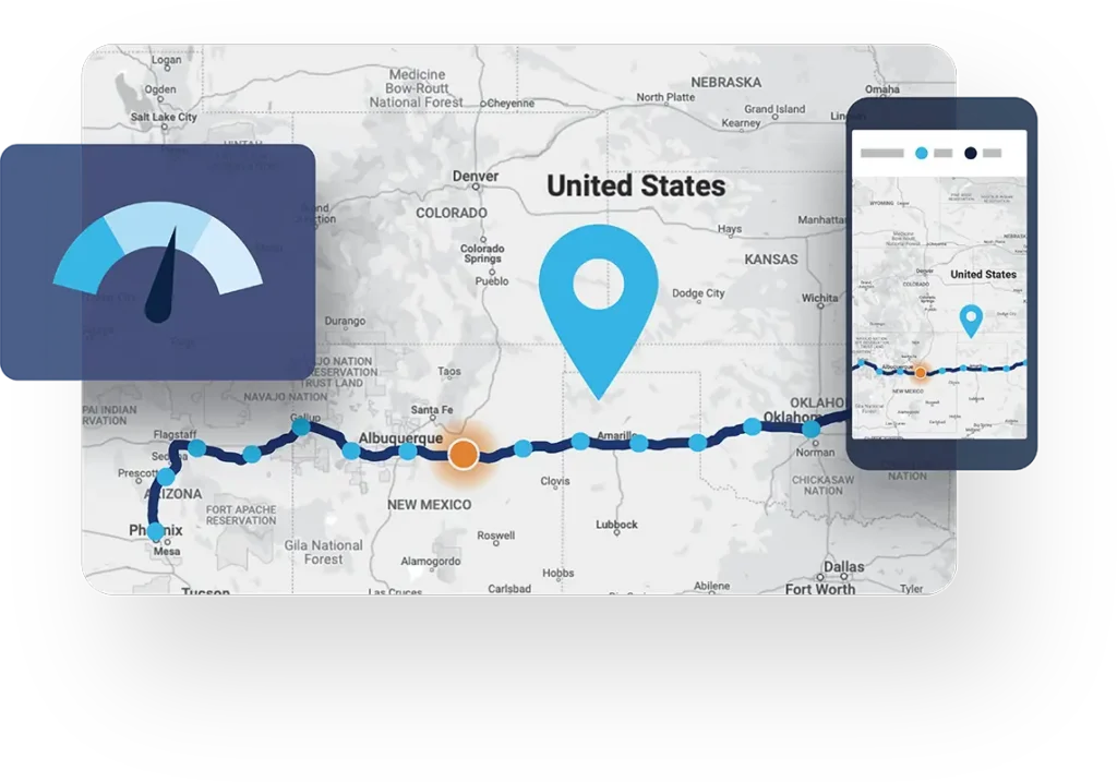 A digital map of the United States shows a travel route from California to Texas, featuring location markers, a speedometer icon, and a smartphone displaying the same map—highlighting advanced shipping technology.
